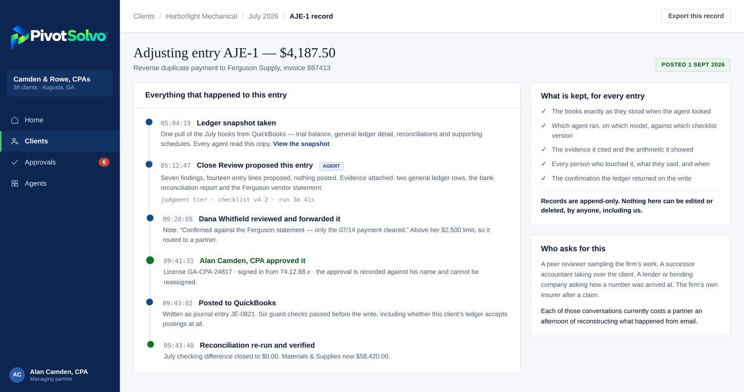 An audit trail entry from snapshot through proposal, approval, write-back and verification