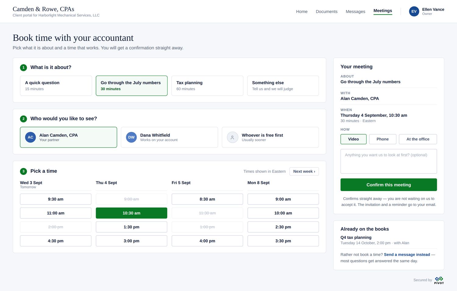 Client booking screen showing purpose, person and available slots
