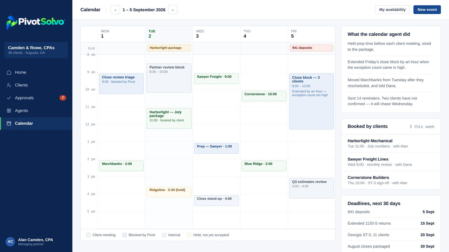 The firm's week — client bookings, internal blocks, deadlines and agent-scheduled work